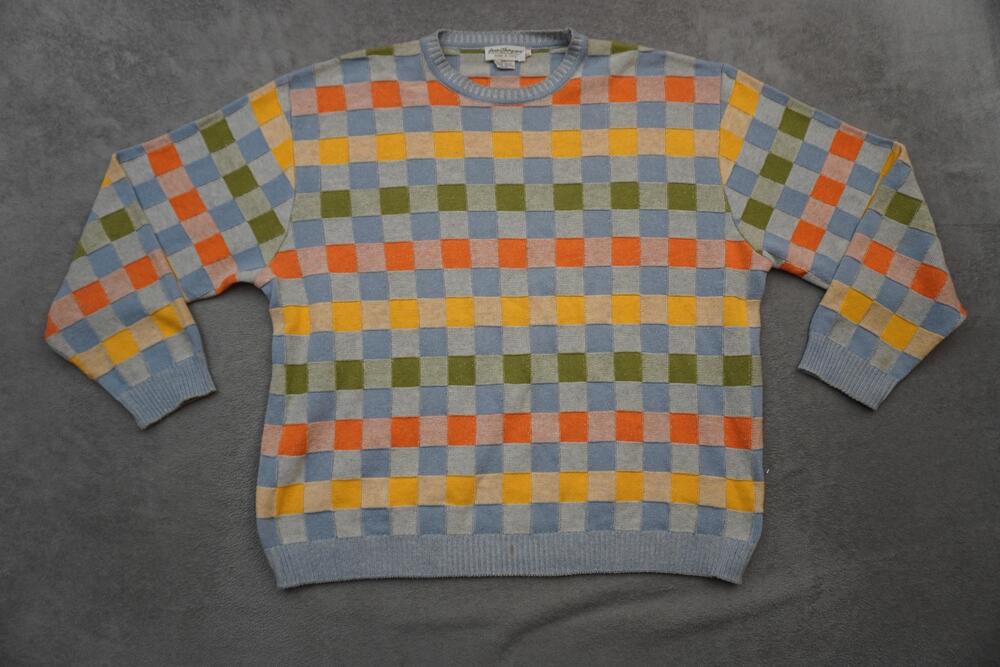 Vintage Norm Thompson Sweater Mens XL Multicolor Checkerboard Knit Made In Italy